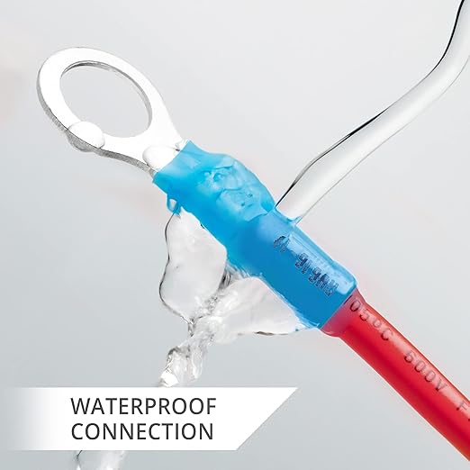 Wirefy 130 PCS Heat Shrink Ring Terminals 1/2" - a Resistant Ring Connectors - Eyelet Wire Connectors - Large Ring Terminals - Blue 16-14 AWG