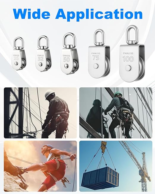 Rocaris 6 Pack M32 Stainless Steel Wire Rope Crane Pulley Block 551lbs Lifting Crane Swivel Hook Single Pulley Block Hanging Wire Towing Wheel