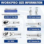 WORKPRO Flex Head Stubby Ratchet & Bit Driver Set 16 PCS, 1/4", 3/8" Drive Ratchet Handle Wrench, 72-T Quick-Release Reversible Socket Wrench, 2 Socket Adapters, 2 Extension Bars, 10 PCS 1/4" Hex Bits