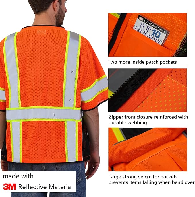 Dib Safety Reflective Mesh Vest ANSI Class 3, High Visibility with Pockets and Zipper, Made with 3M Reflective Tape, Orange M