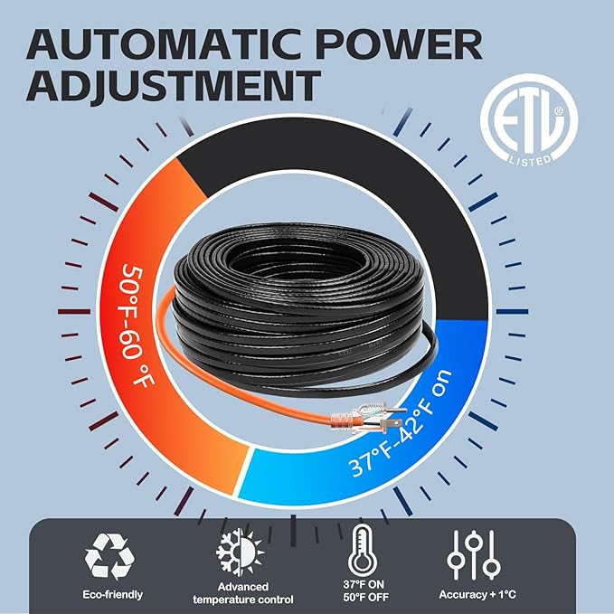 80FT（3FT-200FT） Pipe Heating Cable for Pipe Freeze Protection, Heat Cable for Water Pipes(Metal and Plastic), Pipe Heat Tape Keeps Water Flowing at -40°F 5w/ft, 120V