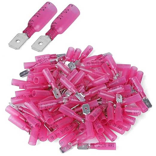 100 PCS 22-16 AWG Waterproof Heat Shrink Quick Disconnect Connectors, Crimp Electrical Wire Male Spade Connectors Insulated Disconnect for Marine Automotive Motorcycle Home Wiring (Red)