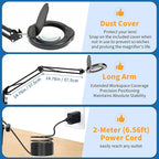 15x Magnifying Lamp with Remote & Dust Cover, Long Arm Hand Free Magnifying Glass with Light and Clamp Stand 5 Color Dimmable LED Desktop Magnifier Lamp with Light for Read Craft Hobby Close Work