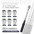 1/2-Inch Drive Click Torque Wrench Set, 10-160 FT-LB/13.6-217Nm, Dual-Direction Adjustable 72-Tooth Torque Wrench Kit with Extension Bar, Socket Set-8PCS Black