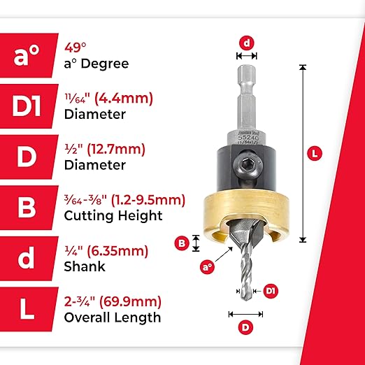 Amana Tool 82 Degree Countersink with Drill Bit Depth Stop and No-Thrust Ball Bearing, 55240, 1/2 D x 11/64 Drill D x 1/4 Inch Quick Release Hex Shank
