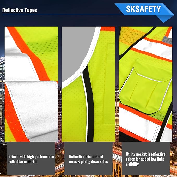 SKSAFETY 10 Pockets Professional Safety Vest, Class 2 High Visibility, ANSI/ISEA Standard, Construction Work Vest (Lime Black, 4XL)