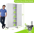 Garage Storage Cabinet with with Pegboard and Wheels,73" Metal Lockable File Cabinet with 2 Doors and 4 Adjustable Shelves,Tool Storage,Home Office Garage,Gym,School (White)