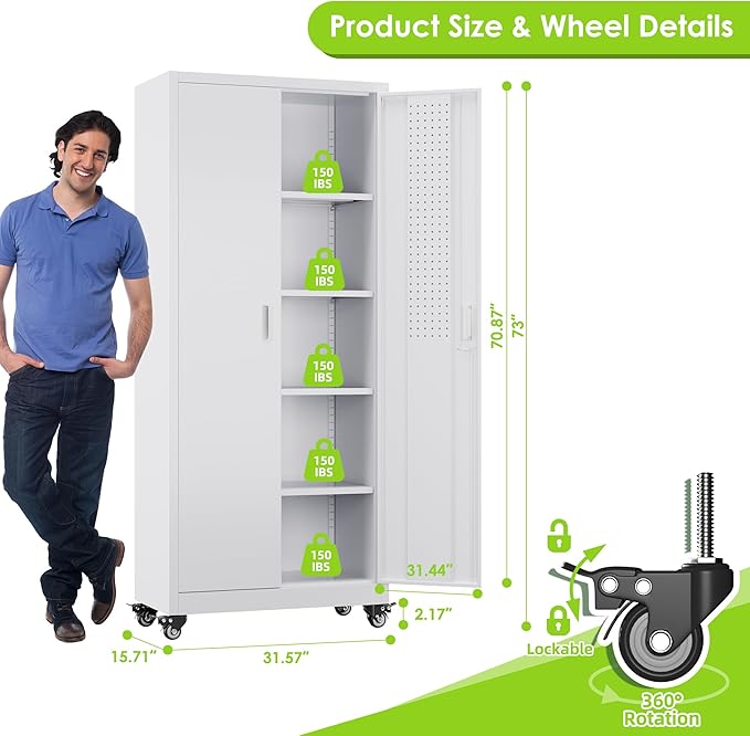 Garage Storage Cabinet with with Pegboard and Wheels,73" Metal Lockable File Cabinet with 2 Doors and 4 Adjustable Shelves,Tool Storage,Home Office Garage,Gym,School (White)