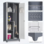 Broom Storage Cabinets, 65" Tall Broom Closet with Hanging Rod, Utility Closet Storage Cabinets with Doors and Shelves, Cleaning Tool Cabinet for Utility Room, Bathroom