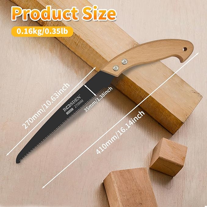 BOOSDEN 11'' Hand Pruning Saw, Japanese Trim Saw with Wood Handle, Hand Saws for Tree Trimming, Camping, Woodworking, Gardening