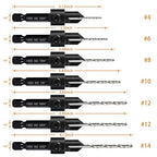 Countersink Drill Bit Set, 7-Piece Woodworking M2 Countersink Drill Bits for #4, 6, 8, 10, 12, 14 Screws, 82-Degree Chamfer, ¼” Hex Shank, 2 Allen Wrenches, HSS Drill Bits Detachable Depth Adjustable