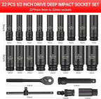 Socket Set,22 Pcs 1/2-Inch Drive Metric Deep Impact Socket Set,Cr-V Steel Sockets Size 8mm-32mm 6-Point,Includes Extension Bar,Universal Joint,1/2”Spark Plug Socket and Ratchet Handle