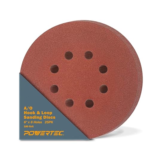 POWERTEC 45118 A/O Hook and Loop 8 Hole Disc, 6-Inch, 180 Grit, 25 PK