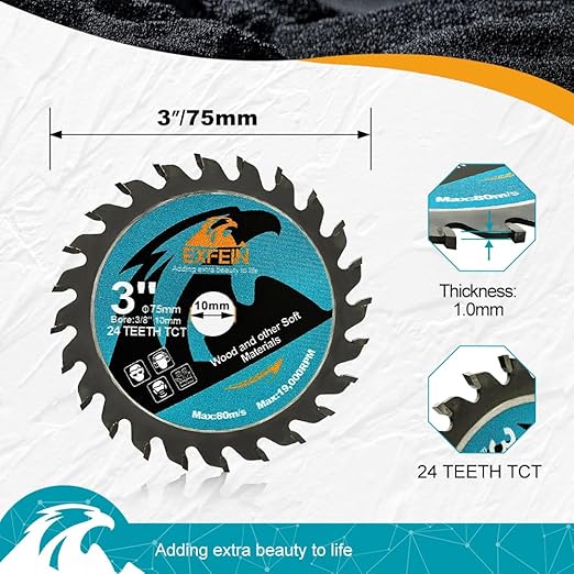 Wood Cutting Disc 3 Inch 3pcs - 24T TCT Carbide Tipped Teeth Compact Circular Saw Blade with 10mm Arbor, General Purpose for Cuttting in Wood Plastic and Composite Materials