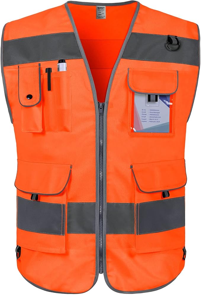 TCCFCCT Safety Vest for Men Women 9 Pockets High Visibility Reflective Vest for Safety, Work Vest with Reflective Strips, Meets ANSI/ISEA Standards, (Orange, X-Large)