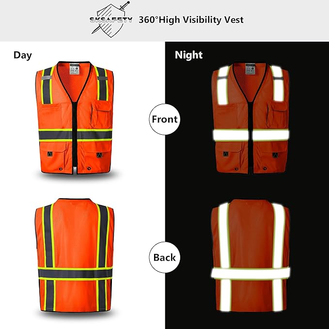 SKSAFETY 10 Pockets Professional Safety Vest, Class 2 Hi Vis Vest with Zipper, Reflective Strips, ANSI/ISEA Standard - Orange, 2XL