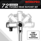 WORKPRO 4-Piece Flex Head Ratchet Set, 1/4", 3/8", 1/2" Drive, 3/8" Stubby, 72-Tooth Ratchet with Chromium Plating Quick Release Reversible Design, 5 Degree Swing
