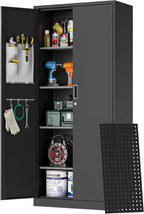 Big Metal Garage Storage Cabinet with Locking Doors, Lockable Heavy Duty Metal Tool Cabinet with Pegboard, Metal Utility Cabinet for Home, Office, Garage and Workshop, Black
