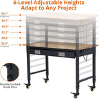 48x24 Inch Heavy-Duty Adjustable Workbench with Rubber Wood Top – 2000LB Capacity Mobile Garage Workstation with Drawer, Ideal for Workshop, DIY & Tool Storage
