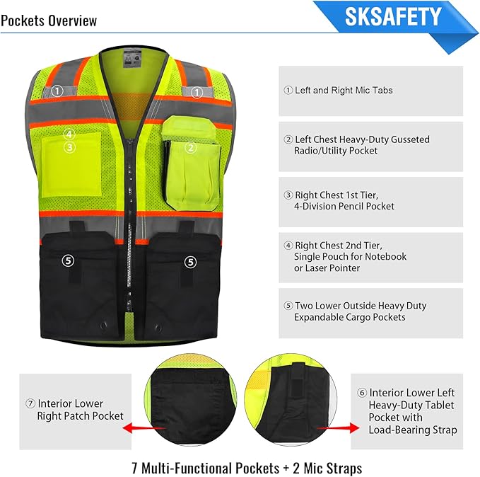 SKSAFETY 10 Pockets Professional level Safety Vest, Class 2 High Visibility Security Vest with Zipper, Hi Vis Vest with Reflective Strips, ANSI/ISEA Standard, Construction Work Vest（Lime Black, 3XL）