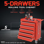 5-Drawer Rolling Tool Box, Metal Tool Chest with Wheels and Locking, Portable for Warehouse, Garage, Repair Shop, Workshop (Red, 5-Drawer)