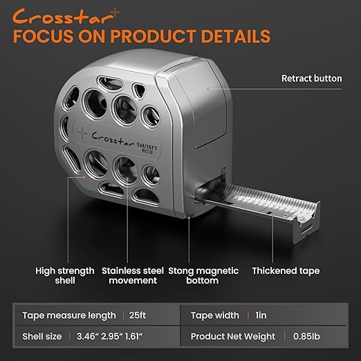 Crosstar 2 Pack 25FT Magnetic Self-Locking Stainless Steel Tape Measure, Double-Sided Scale, Waterproof & Rustproof Retractable Measuring Tape with Hollow Design for Home, Industrial, Woodworking