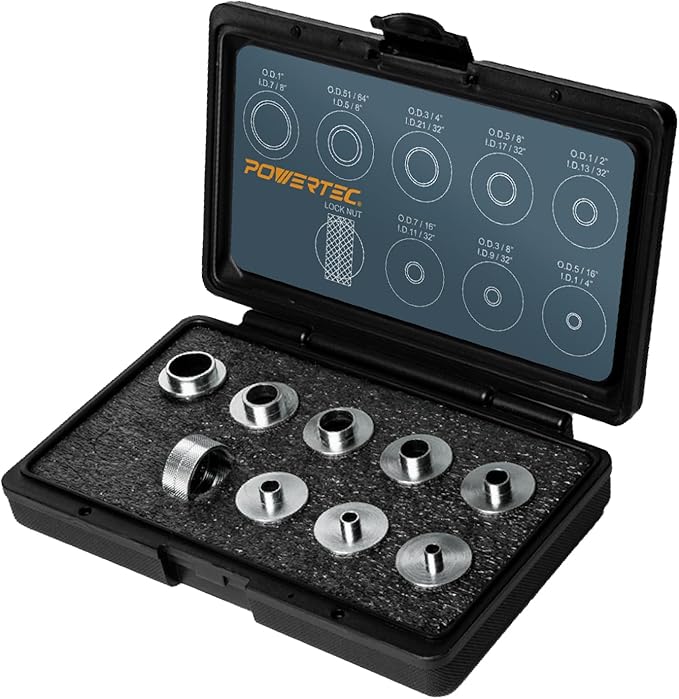 POWERTEC Router Guide, Router Bushing Guide Set, Router Template Guide 10 Pcs w/Storage Case, Fits Porter Cable Style Router Sub Base Plate. Size 5/16" to 1" Router Inlay Kit for Woodworking (71051E)