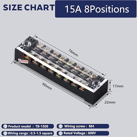 Terminal Block (8 Sets) 8Pcs 8 Positions Dual Row 600V 15A Screw Terminal Strip Blocks withCover&8 PcsPre-Insulated Barrier Termina Block Strip&64Pcs Insulated Fork Wire Connector