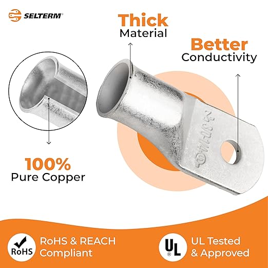 SELTERM 10pcs 3/0 AWG-1/4 Stud Tinned Copper Wire Lugs, Heavy Duty Battery Cable Ends,000 Gauge Ring Terminals, UL Battery Lugs Marine Grade Copper Eyelets Electrical Battery Terminal Connectors