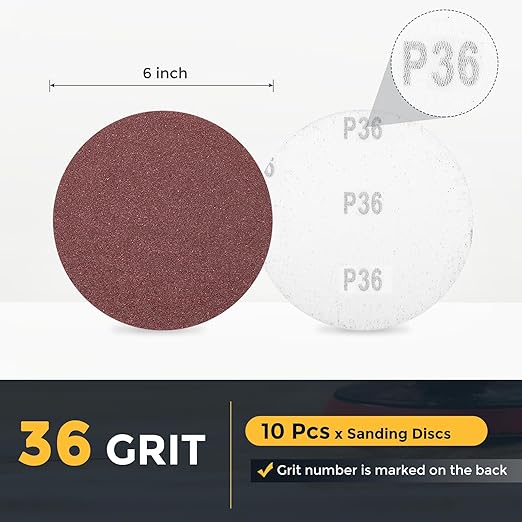 HARFINGTON 10 Pcs 6 Inch Sanding Disc 36 Grit Hook and Loop Sandpaper Random Orbital Sander Pads for Woodworking Automotive Metal Polishing
