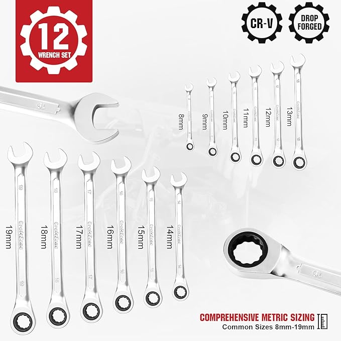 12pcs Ratchet Combination Wrench Set Metric And Standard, Ratcheting Wrench Set with Organizer Box, 12 Point Wrench Se t, Cr-V Constructed, 90-Teeth, Metric 8mm-19mm