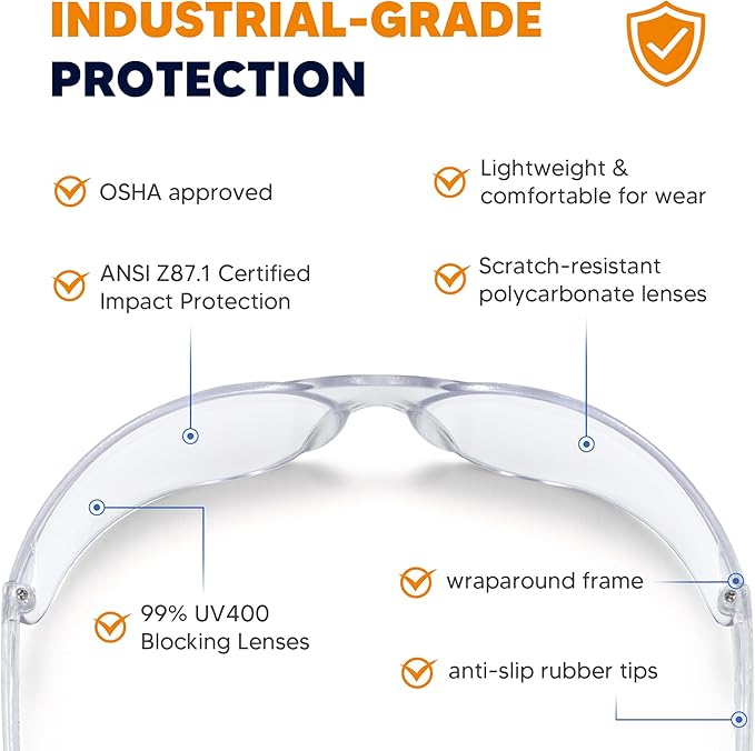 Clear Safety Glasses 24pk, Protective Eyewear UV Protection ANSI Z87.1, Safety Goggles Scratch& Impact Resistant Eye Protection for Men Women Work Construction Lab Clear& Blue Frame