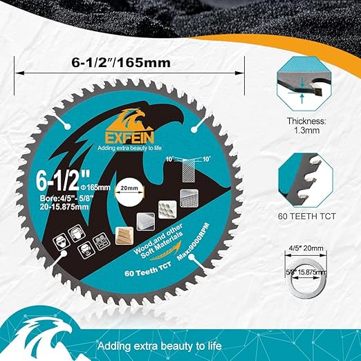 6-1/2 Inch Miter/Table Saw Blades 4pcs, 60 Teeth ATB TCT Fine Finish Wood Cutting Circular Saw Blade with 4/5|5/8 Inch Arbor