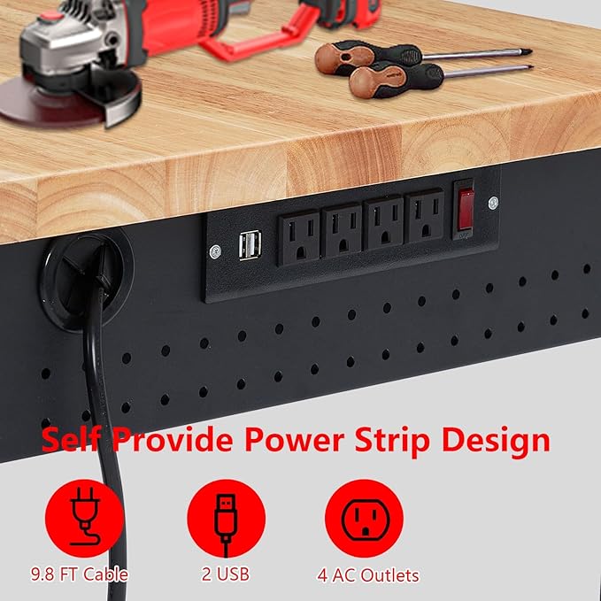 48x24 Inch Heavy-Duty Adjustable Workbench with Rubber Wood Top – 2000LB Capacity Mobile Garage Workstation, Locking Wheels, Power Outlets, Ideal for Workshop, DIY & Tool Storage (Black)