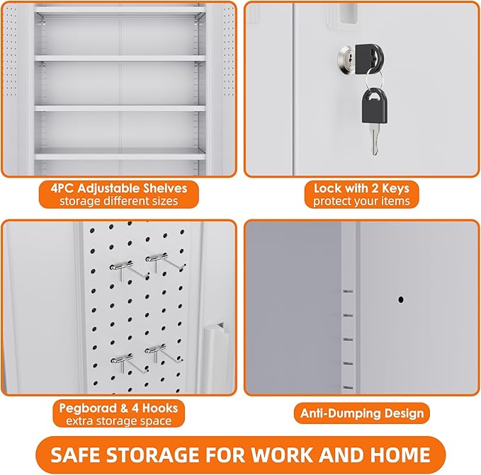 73''H Metal Garage Storage Cabinet with Pegboard, Rolling Tool Cabinets on Wheels,Steel Locker for Garage Office School Home Warehouse Utility Room, Assembly Require,White