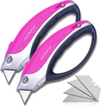 Pink Box Cutter Retractable Utility Knife - Two Pack Heavy Duty Cardboard Carton Cutter Opener Retracting - with 5 Sharp Utility Razors