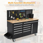 Heavy Duty 61" Tool Chest Cabinet, Mobile Garage Workbench with 10 Drawers and Power Strip, Rubber Wood Worktop, 1675 LBS Load, Rolling Tool Storage Organizer for Mechanic, Shop or Home Use