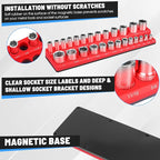 Magnetic Socket Organizer Set, 6pcs Metric SAE Magnetic Socket Holder Set Includes 1/4", 3/8", 1/2", Socket Trays Holds 143pcs Standard&Deep Size Sockets for Tool Box Drawers Tool Carts Mechanics