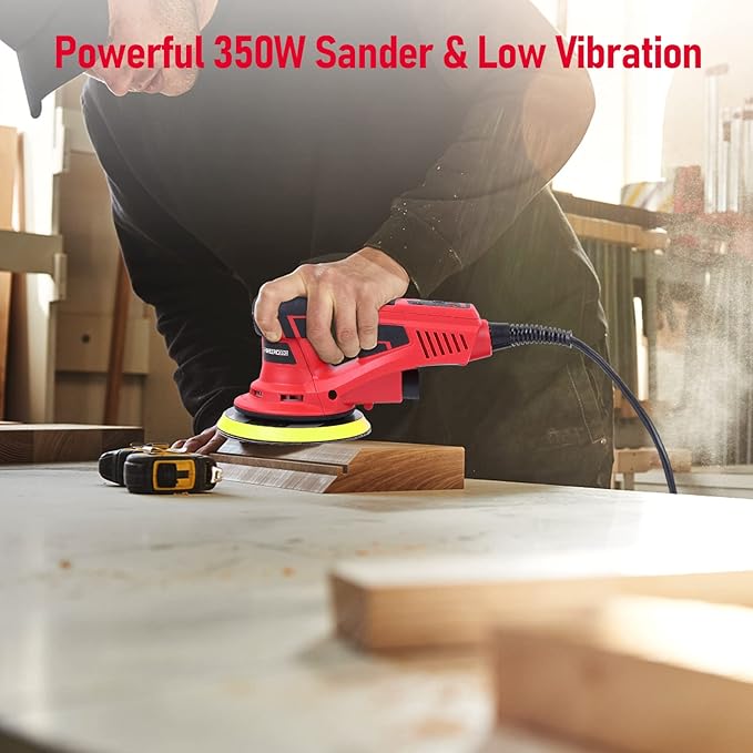 Electric Random Orbital Sander,PioneerWorks Brushless Motor,Powerful 350W & Low Vibration Palm Sander,10000 RPM Variable Speed,6-Inch For Woodworking, Polishing,Carpentry