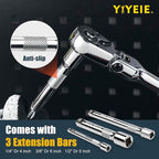 6-Piece Flex Head Ratchet Set, 1/4", 3/8", 1/2" Drive, Swivel Head Ratchet Wrench with Extension Bar, 72 Tooth, 180° Adjustable, Quick-Release, Flexible Ratchet Handle with EVA Foam