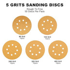 AEROPRO Tools 5 Inch Sanding Discs Hook and Loop, 80/120/240/320/400 Grit Orbital Sander Sandpaper, Sanding Pads for Wood and Automotive, 50 Pack