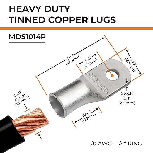 SELTERM 25pcs 1/0 AWG 1/4" Stud Marine Grade Tinned Copper Battery Cable Lugs, 0 Gauge Ring Terminals, UL Wire Lugs Electrical Battery Cable Ends, Tinned Copper Lugs Battery Terminal Connectors