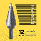 Lichamp Unibit Step Drill Bit for Metal, Genuine M2 Drill Stepper Bit for Hard Metal Heavy Duty, 12 Sizes from 3/16" to 7/8", Dual Straight Grooved with Hex Drive, A3BK
