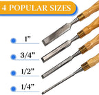 Finely Crafted Wood Chisel Set, 4 High-Performance Woodworking Chisels with Durable, Sharp CR-V Steel Blades Tempered to 60HRc, Chisel Set with Tool Roll from Schaaf Wood Carving Tools