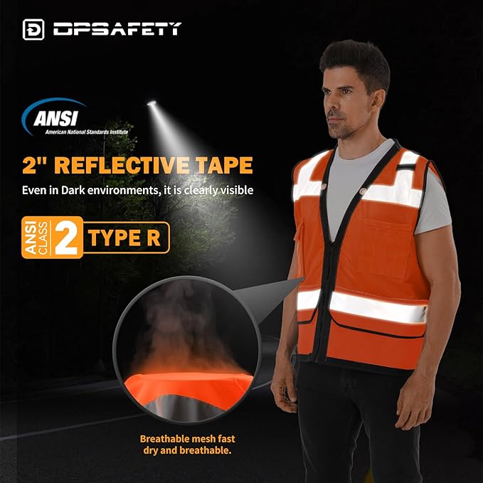 Reflective Safety Vest With Back Plan Pocket - High Visibility Class 2 Heavy Duty Surveyor With Zipper - ANSI/ISEA Standard Construction Work for Men & Women (Orange, 3XL)