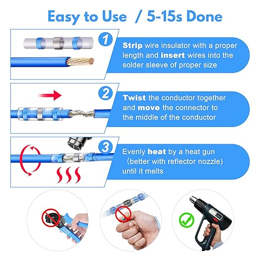 Kuject 500PCS Solder Seal Wire Connectors AWG 16-14, Blue Heat Shrink Butt Terminals, Waterproof Wire Splice for Marine Boat Joint