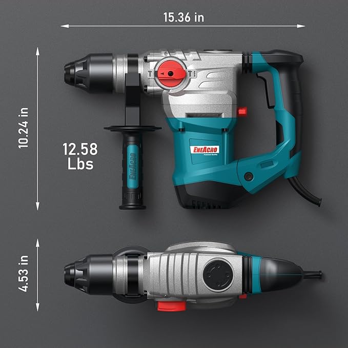 ENEACRO 1-1/4 Inch SDS-Plus 13 Amp Heavy Duty Rotary Hammer Drill, Safety Clutch 4 Functions with Vibration Control Including Grease, Chisels and Drill Bits with Case
