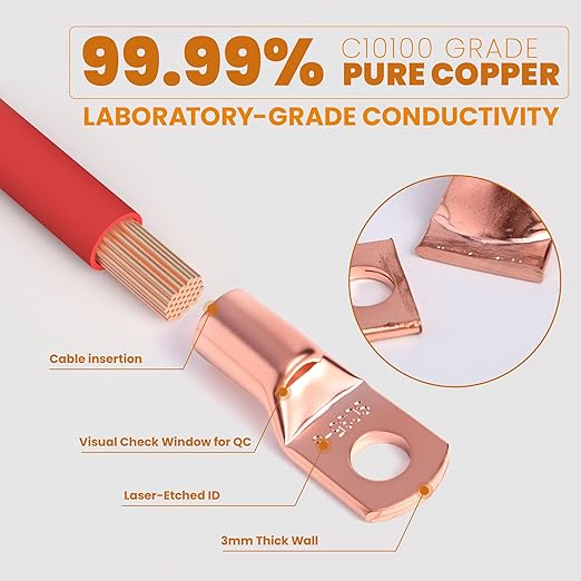 TKDMR 176Pcs Copper Wire Lugs AWG2 4 6 8 10 12 Gauge with 3:1 Heat Shrink Set 88Pcs Battery Cable Lugs Terminal Connectors for Marine, Automotive, Solar Electrical(Bare Copper)