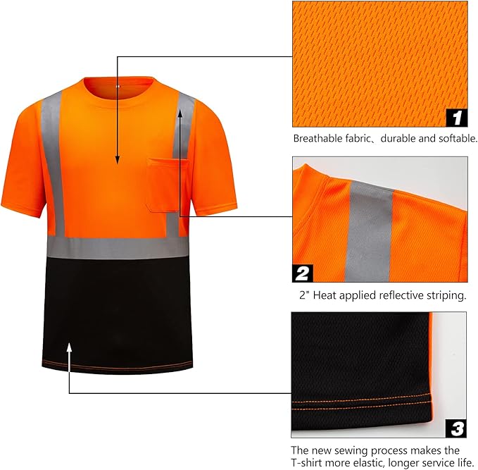 High Visibility Shirts Quick Dry Safety T Shirts with Reflective Strips and Pocket Short Sleeve Mesh Hi Vis Construction Work Class 2 Shirt for Men/Women Black Bottom Orange,3XL