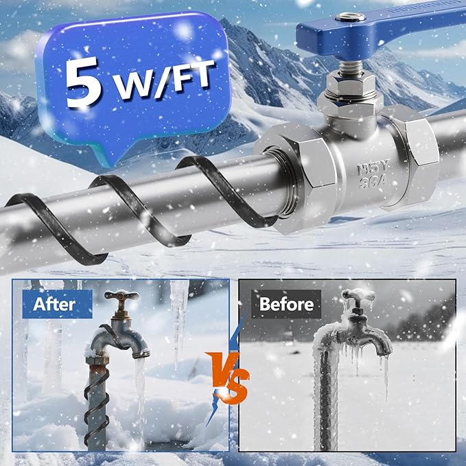 Pipe Heating Cable 30FT (3FT-200FT) for Metal & Plastic Water Pipes - Freeze Protection up to -40°F, 5W/FT 120V Heat Tape to Keep Water Flowing